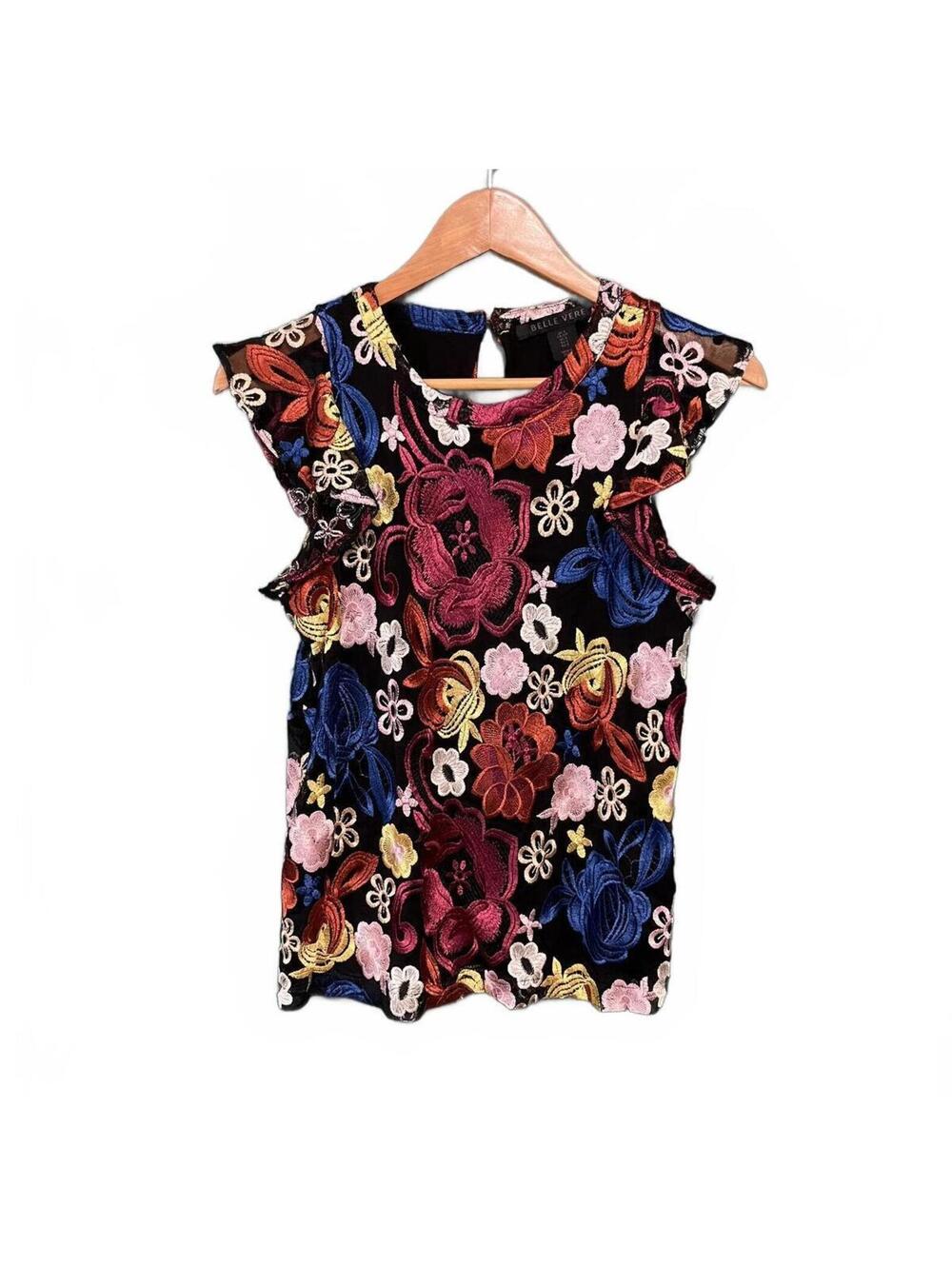 Belle Vere by Anthropologie Floral Embroidered Mesh Top Boho Festival Y2K Size S